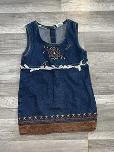 Vintage Toddler Girls Denim Western Dress With Fringe Native Design Size 4/5 - Picture 1 of 11
