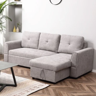 HOMCOM Schlafsofa Ecksofa mit Bettfunktion, 3 Sitzer Couch mit Stauraum, Grau - Bild 1 von 4