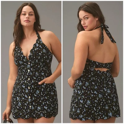 Maeve Anthropologie Halter V-Neck Scallop Mini Dress Floral Black Sz 18W NWT - Image 1 of 4