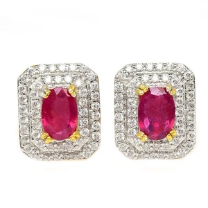 925 STERLING SILVER EARRING GENUINE PINK RED RUBY OVAL & WHITE CZ GEMSTONE - Picture 1 of 8