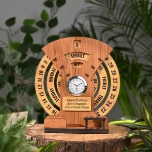 Lifetime Calendar with Desk Organizer and Clock wooden premium antique look - Picture 1 of 4