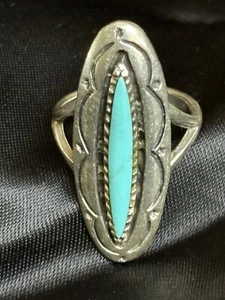 Vintage Navajo Oblong Turquoise Sterling Ring Shadowbox Size 5.5 Native American - Picture 1 of 12