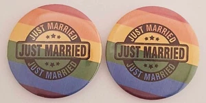 2 x Just Married rainbow badge buttons LGBTQ lesbian gay pride - Picture 1 of 1