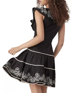 TIGERLILY AZID FRILL MINI RUFFLED EMBROIDERED BLACK COTTON LINEN DRESS SIZE 12 - Picture 1 of 8
