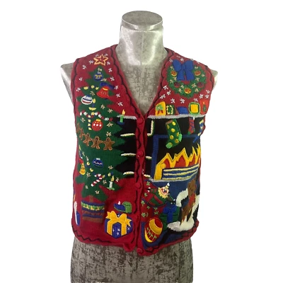 Vintage Hampshire Studio Women's Red Christmas Button closure Sweater Vest Sz PS - Imagem 1 de 4
