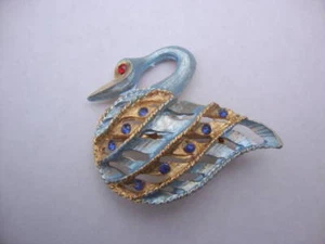 Modern Costume Jewelry Blue Gold Swan Figural Brooch Pin Elegant! - Picture 1 of 3
