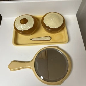 ANTIQUE LOT OF CELLULOID POWDER BOX HAIR RECEIVER  MIRROR CUTICLE VANITY ITEMS - Picture 1 of 16