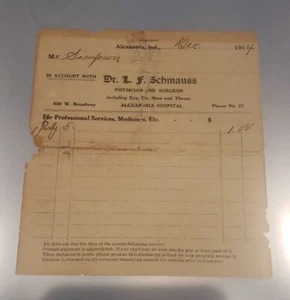 Antique vintage Doctor's Receipt Alexandria, Indiana 1914! Phone number is 27 - Picture 1 of 1