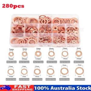 280pcs M5-M20 Solid Copper Crush Washers Assorted Seal Flat Ring Hardware kit - Picture 1 of 6