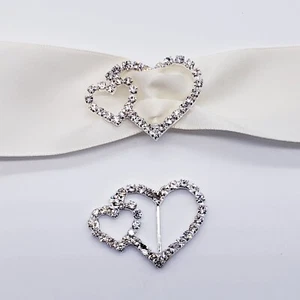 12 Double Heart Rhinestone Crystal Wedding Invitation Ribbon Slider Buckles - Picture 1 of 9