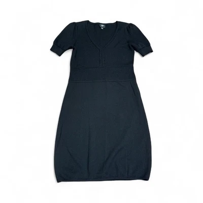 Talbots Small Petite Pure Merino Wool Black Sweater Dress Short Sleeve V-neck - Image 1 of 4