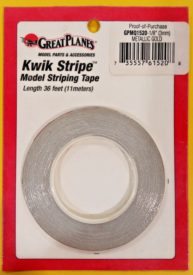GREAT PLANES  KWIK STRIPE ~NIP!~36 FEET - PN #GPMQ1520 1/8" METALLIC GOLD - Image 1 of 4