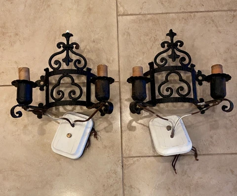 Pair of Vintage Wall Mounted Gothic Black Iron Electric Wall Sconces Cover