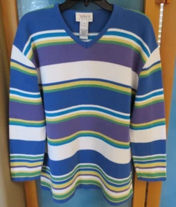 SLASHED Talbots Petites Sz PL Blue Multicolor Stripe Cotton Knit Sweater - Picture 1 of 6