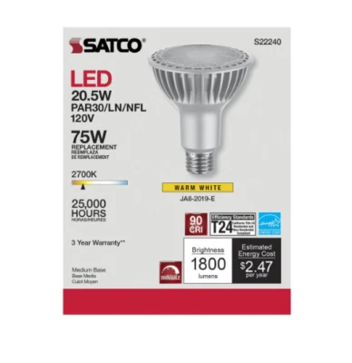 6 LOT Satco S22240 20.5W PAR30 Long Warm White LED Light Bulb - Image 1 of 4
