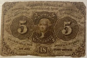 1862 1st Issue 5 Cents Fractional Currency Circulated #38247 - Picture 1 of 2