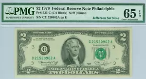 1976 $2 FRN PHILADELPHIA JEFFERSON SET NOTE FR1935-G PMG GEM UNC 65 EPQ - Picture 1 of 2