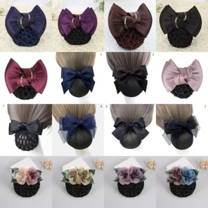 Women Hair Clip With Net Bun Snoods Cover Ribbon Bow Barrette Hair Accessories - Picture 1 of 48