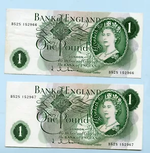 Pair Bank of England One pound £1 Banknotes 1963 Signature J Hollom Prefix B52S - Picture 1 of 2