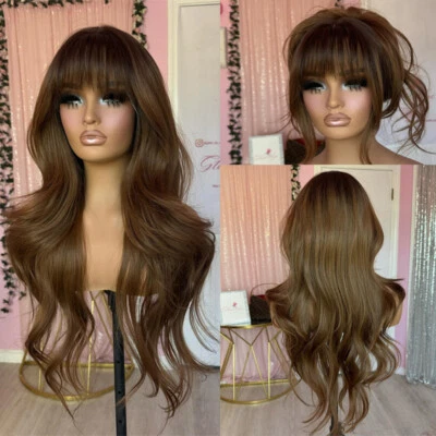 Long Auburn Brown Lace Frontal Wigs with Bangs 100% Human Hair Body Wave 180% - Image 1 of 4
