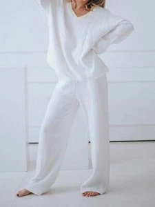 Women's White V-Neck Top And Wide-Leg Pant Set In Soft Waffle Knit - Picture 1 of 6
