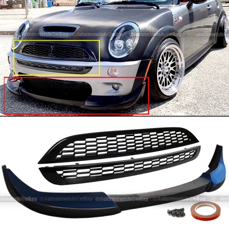 For 02-06 Mini Cooper S Unpainted Front Bumper Lip & 2 PCS JCW Style Mesh Grille - Image 1 of 1