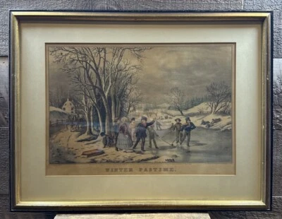VTG Winter Pastime Kids Ice Skating 1950s Framed Currier Ives Lithograph Reprint - Image 1 of 4