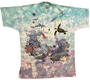 T-shirt vintage blu liquido oceanica XL 1993 fauna selvatica tartaruga marina squali pesci - Foto 1 di 8
