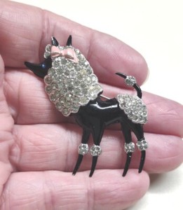 Vintage Black Enamel Pink Bow Pave Rhinestone French Poodle Dog Brooch Pin D100