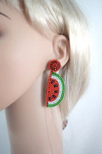 Wassermelone Perlen Filz Back Ohrringe - Wassermelone Perlen Oversized Ohrringe - Bild 1 von 3