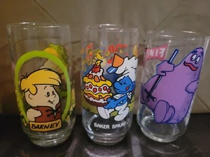 1977 McDonald's Grimace 1986 Pizza Hut Flintstones Barney 1983 Smurfs Glass Set - Picture 1 of 7