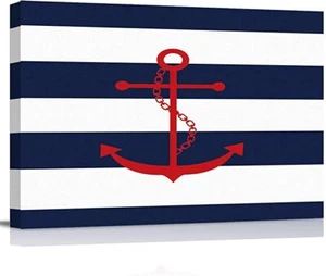 Canvas Oil Painting Red Nautical Anchor Wall Painting Home Decor Wooden Framed - Picture 1 of 4