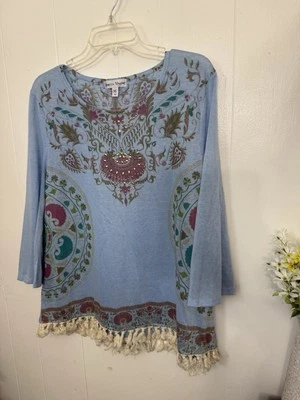 Rebecca Malone XL Blue Paisley 3/4 Sleeve Stretchy Knit Top With Fringe - Image 1 of 4