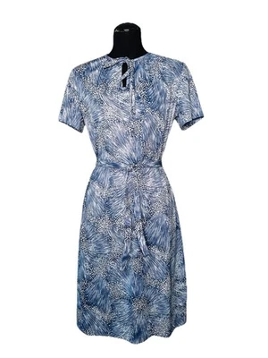 Vintage 70s Navy Starburst Print Dress Tie Neck Aline Midi Handmade W/Belt S/M - Image 1 of 4