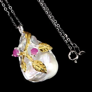 925 Sterling Silver Necklace Round Ruby Pearl Natural Gemstone Jewelry 18inches - Picture 1 of 14