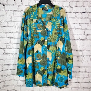 Liza Byrd blau Pfau Fauna Print 1/2 versteckte Knopfleiste Bluse Top Shirt XXL - Bild 1 von 18