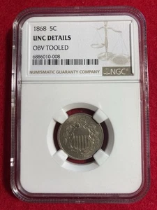 1868 Shield Nickel 5 Cents -- NGC UNC DETAILS - OBV " Tooled " ? see description - Picture 1 of 4