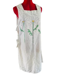 Vintage White Linen Hand Made Smock Dress Daisy Bib Apron Side Ties Primitive - Picture 1 of 11