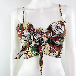 FAITHFULL The Brand Brown Floral Front Knot Crop Top Size 4 Summer 100% Linen - Picture 1 of 10