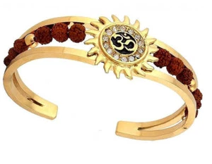 Om Sun Cuff Kada Rudraksha Bracelet for Unisex Metal Kada Gold Finish Puja Hindu - Picture 1 of 3