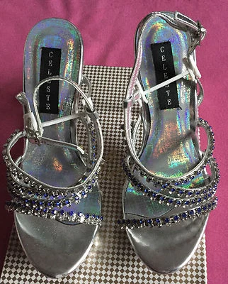 Sandalias Celeste Deslumbrantes Plateadas Punta Abierta Tacones Altos - Azul/Blanco Estrás 5.5 Foto 1 de 4