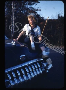 Pretty Woman Buick Car 35mm Slide 1950s Red Border Kodachrome - Picture 1 of 3
