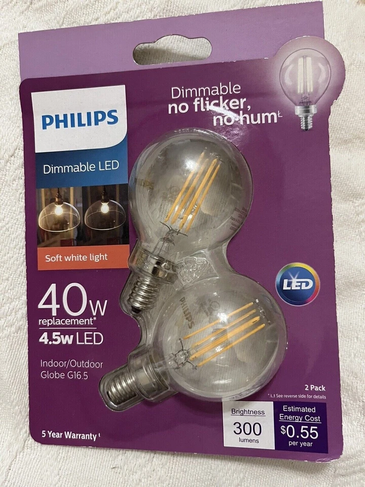 2 Packs Of 2 Philips Dimmable LED Soft White Light 40W/4.5w LED Globe G16.5 Bulb - Image 1 of 1