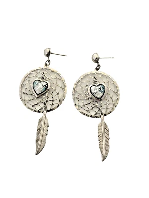 PENDIENTES PERFORADOS COLGANTES/GOTAS ATRAPASUEÑOS TONO PLATA CON PLUMA COLGANTE Foto 1 de 4