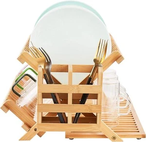 Bamboo Dish Drying Rack, 3 Tier Collapsible Dish Rack with Utensil Holder - Picture 1 of 9