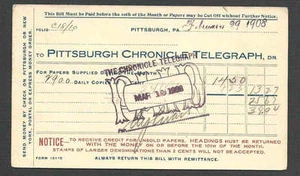  DATED 1908 P C PITTS PA CHRONICLE TELEGRAPH BILL FOR PAPERS - Picture 1 of 1