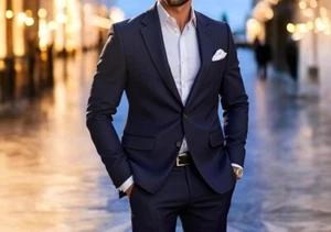 Tuxedo Men's Dark Blue 2 Piece Suit – Formal Notch Lapel Groom, Wedding & Party  - Picture 1 of 4