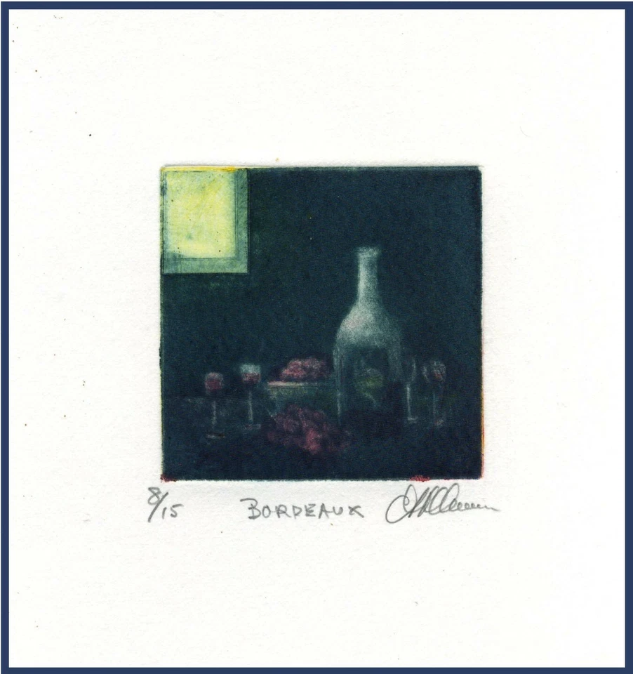BORDEAUX Grapes WINE BOTTLE Tablescape. Original Impressionist MEZZOTINT Signed - Image 1 of 1