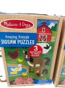 Melissa & Doug AMAZING ANIMALS Jigsaw Puzzles 3 Wooden 12-Piece Wood Box - Picture 1 of 1
