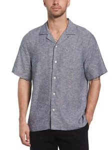 New Original Penguin Short Sleeve Linen Blend Camp Shirt Button-Up - Medium-Blue - Picture 1 of 2